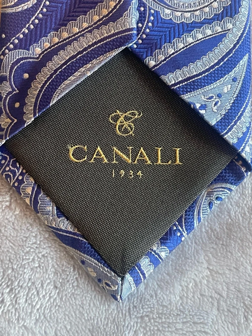 CANALI Italy 100% Silk Paisley Tie Blue Silver 1934 Collection Luxury